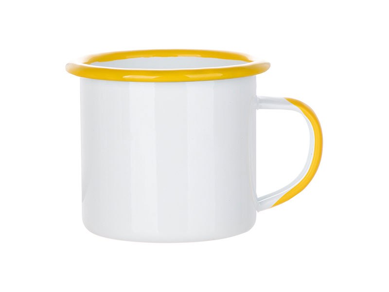 Taza esmaltada blanca con borde de color 12 oz